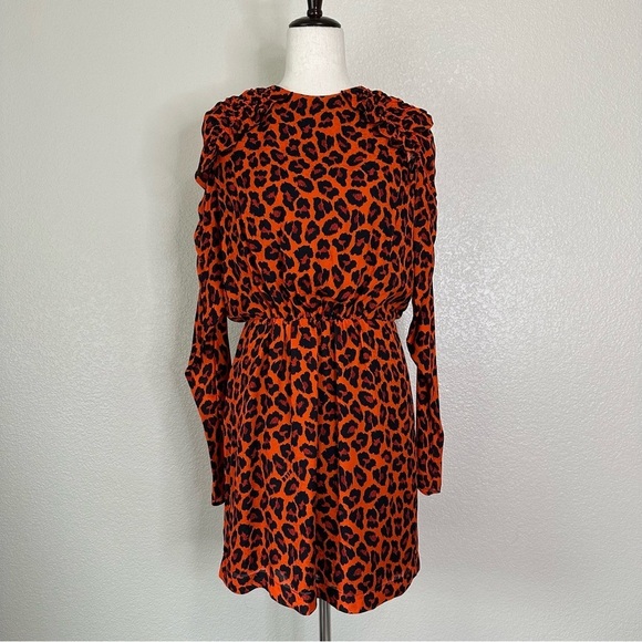 MSGM Milano Ruffled Orange Leopard Print Crepe Mini Dress, Sz Medium - Picture 2 of 13